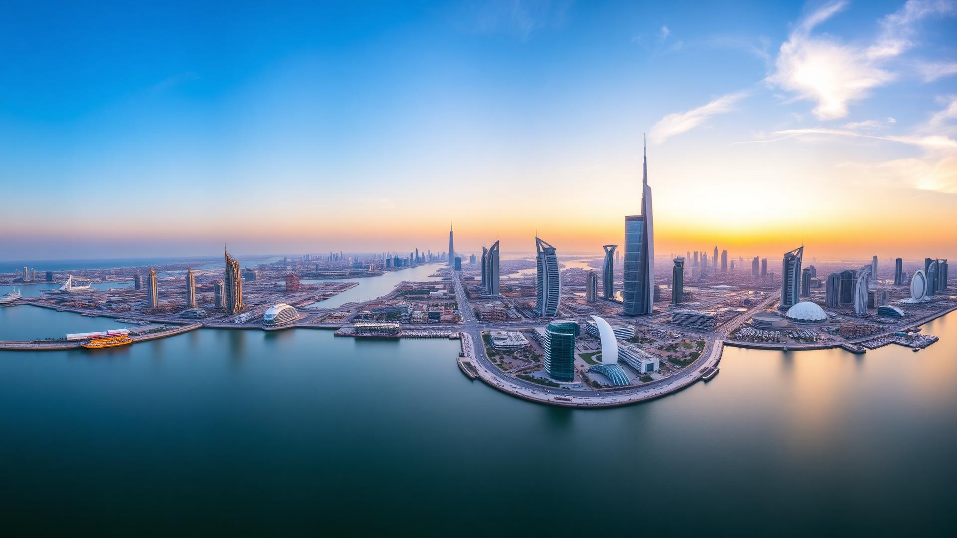 Panoramic UAE skyline at golden hour